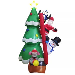 Inflatable Christmas decoration featuring a tree with a star on top, adorned with a penguin, Santa, snowman, and koala.