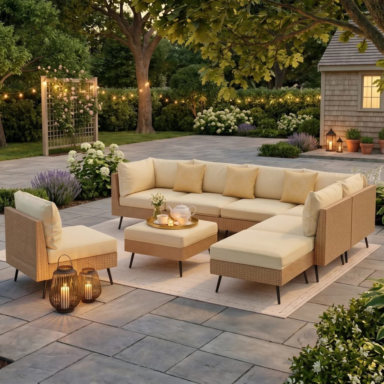 Outdoor seating set with a beige modular sectional, a matching chair, and a coffee table on a paved patio with string lights, plants, and lanterns for ambient lighting.