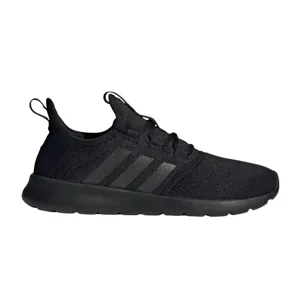 Black Adidas running shoe with a knit upper and signature three stripes on the side, featuring a comfortable, cushioned sole and pull tabs for easy wear.