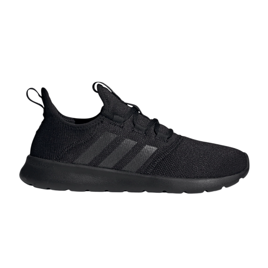 Black Adidas running shoe with a knit upper and signature three stripes on the side, featuring a comfortable, cushioned sole and pull tabs for easy wear.