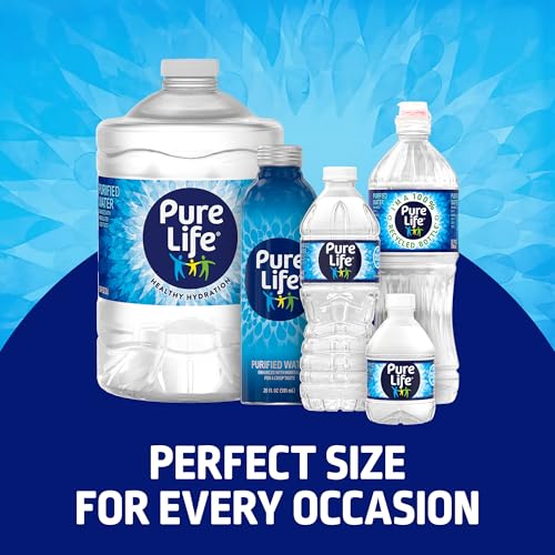 Various sizes of Pure Life bottled water are displayed against a blue background, with the text \“Perfect size for every occasion\“ beneath them.