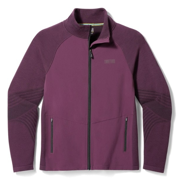 The Smartwool Intraknit Active Jacket is a maroon-colored, full-zip jacket featuring long sleeves and zippered side pockets, designed for active use with breathable fabric and articulated panels for enhanced mobility.