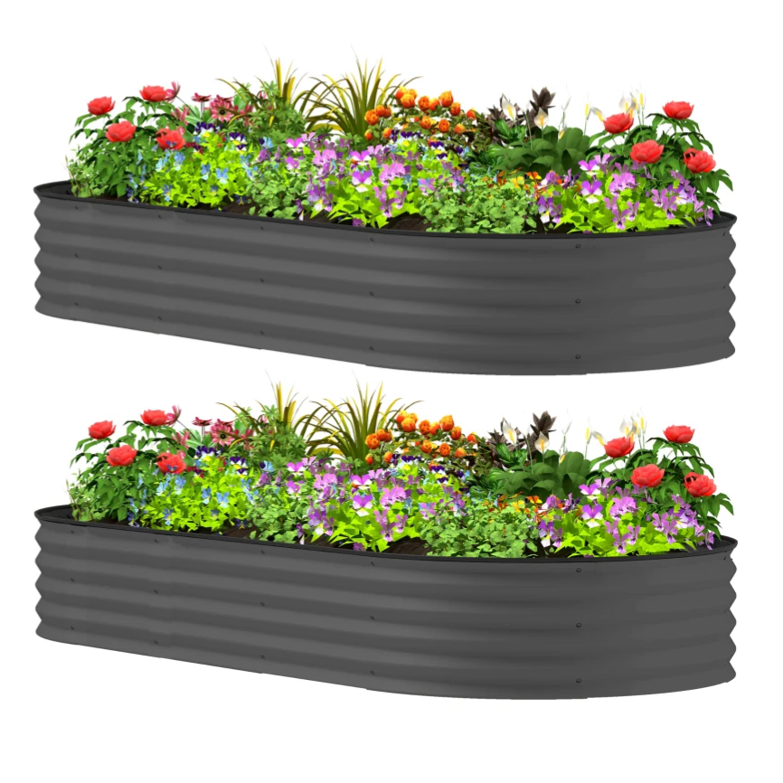 Two gray, corrugated metal raised garden beds filled with a variety of colorful flowers and greenery.