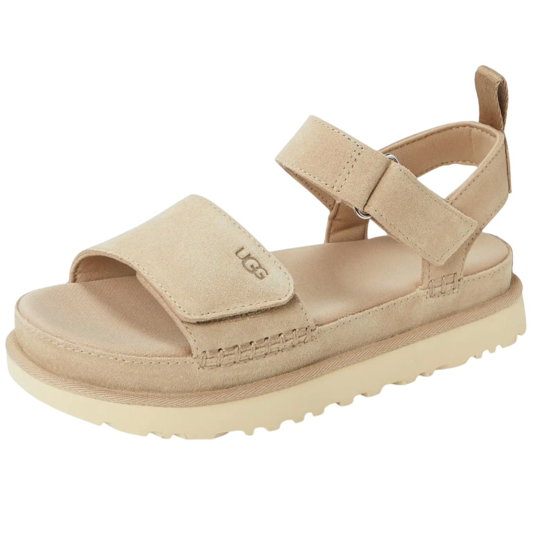 Tan UGG sandal with adjustable straps and a cushioned sole on a rugged platform.