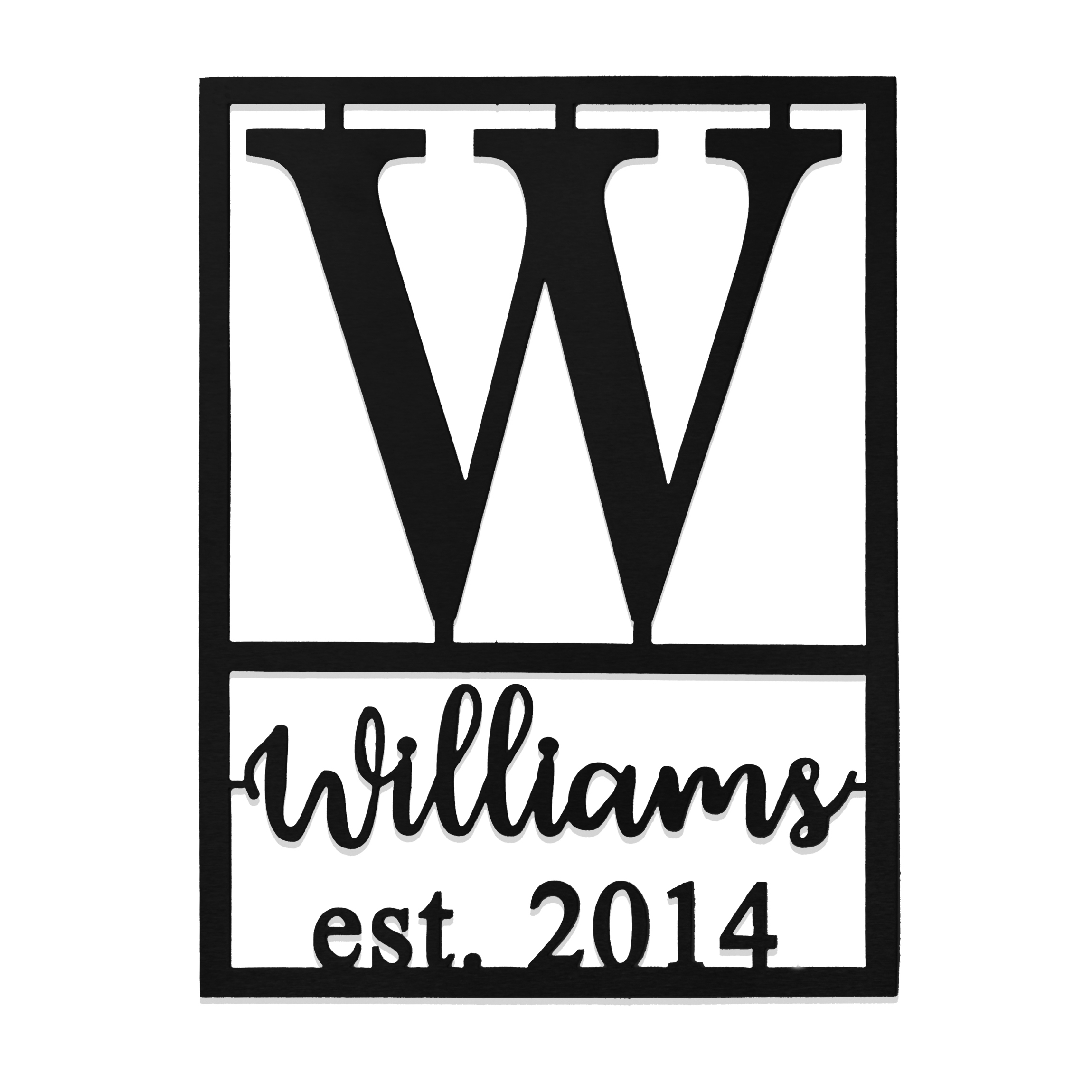 Metal wall art with a large \“W\“ and the words \“Williams est. 2014\“ in a cutout design.
