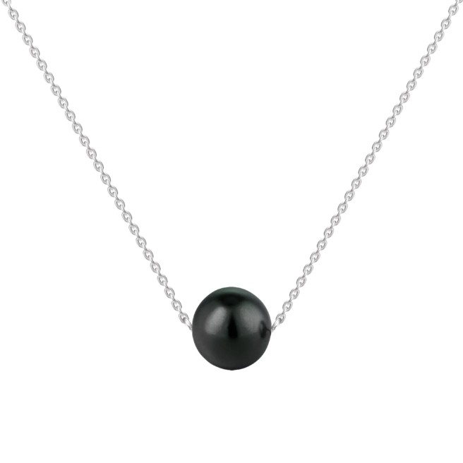 A simple necklace with a black pearl pendant suspended on a silver chain.