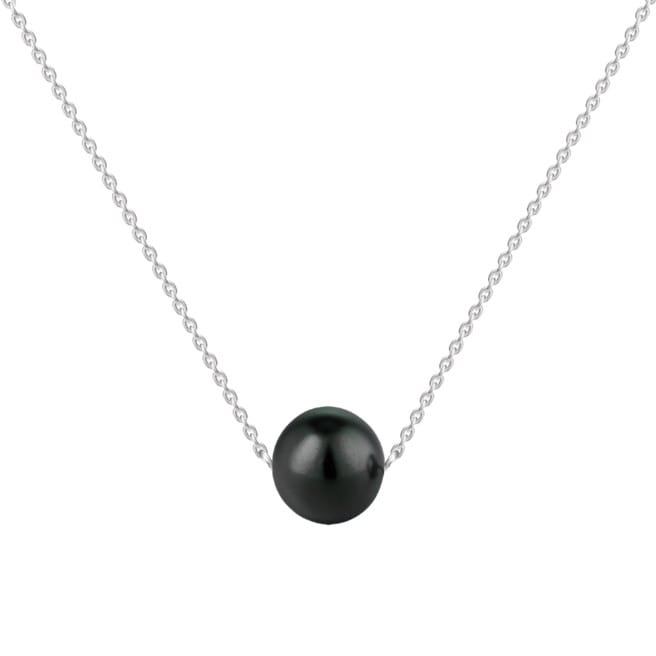 A simple necklace with a black pearl pendant suspended on a silver chain.