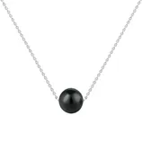 A simple necklace with a black pearl pendant suspended on a silver chain.