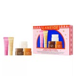Laneige Midnight Minis set includes five skincare items in pink, beige, and brown packaging, featuring popular products for hydration and care, like the Water Bank Cream and Lip Sleeping Mask.
