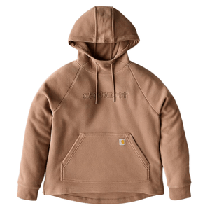 Carhartt hoodie in tan color with a front kangaroo pocket and embroidered logo, featuring a drawstring hood and ribbed cuffs.
