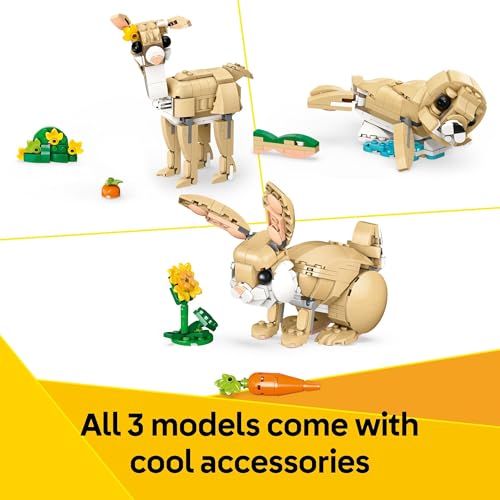 Three LEGO models: a llama, seal, and rabbit, each with accessories like a carrot and sunflower.
