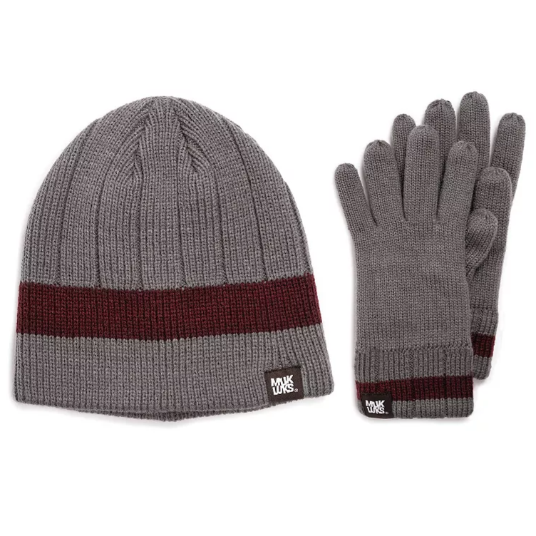 Gray knit beanie and gloves set with a burgundy stripe, featuring a \“Muk Luks\“ label on both items.