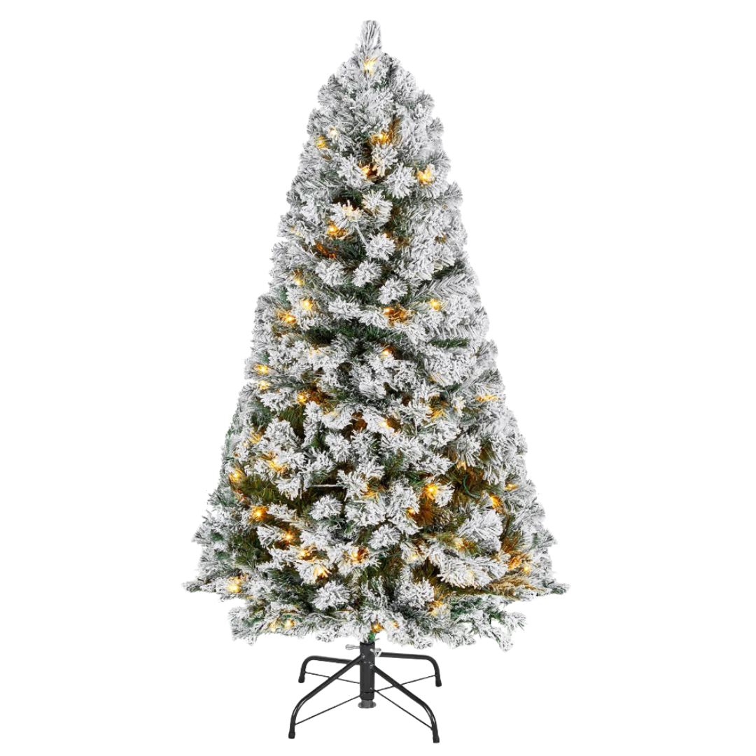 Artificial Christmas tree, snow-flocked branches, pre-lit with warm white lights, mounted on a metal stand.