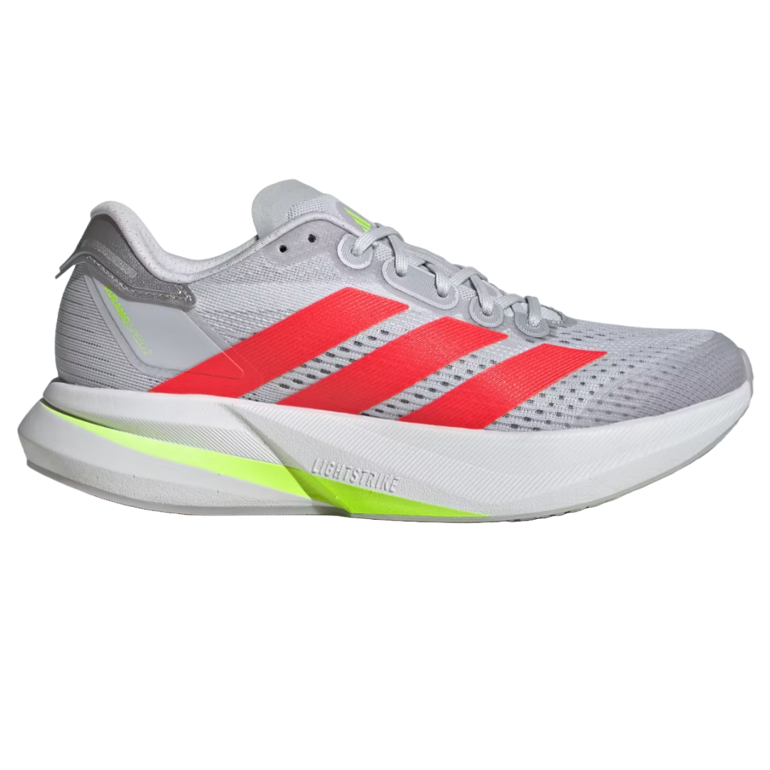 Adidas Duramo Speed 2 Running Shoes feature a gray mesh upper with vibrant red stripes and a cushioned sole with neon green accents. The shoes are designed with Lightstrike technology for enhanced comfort and responsiveness.