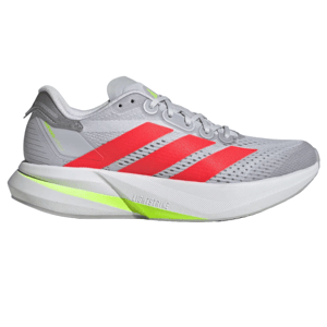 Adidas Duramo Speed 2 Running Shoes feature a gray mesh upper with vibrant red stripes and a cushioned sole with neon green accents. The shoes are designed with Lightstrike technology for enhanced comfort and responsiveness.