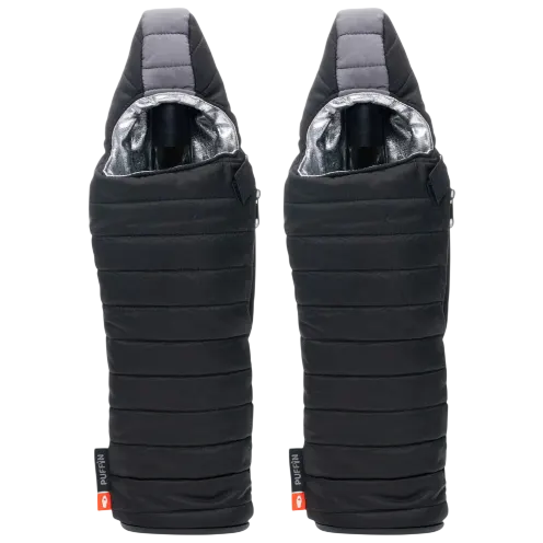 Two insulated bottle holders styled like puffer jackets, each designed to keep beverages secure and temperature-controlled.