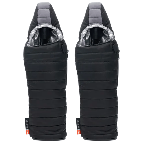 Two insulated bottle holders styled like puffer jackets, each designed to keep beverages secure and temperature-controlled.