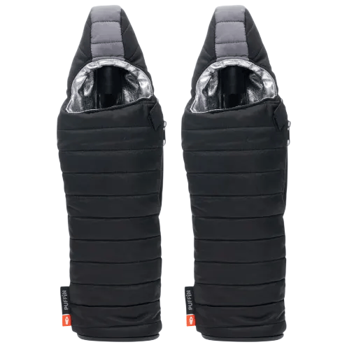 Two insulated bottle holders styled like puffer jackets, each designed to keep beverages secure and temperature-controlled.