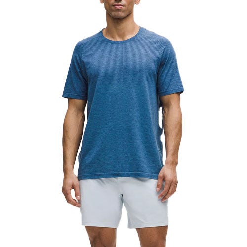 Lululemon Linerless Shorts are light gray with a simple and sleek design, featuring an above-the-knee length suited for athletic wear.