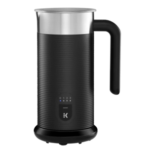 Keurig Hot and Cold Frother in black with a stainless steel top, features a handle and digital display for selecting options. It froths milk for both hot and cold beverages, aiding in preparing coffee and espresso drinks.