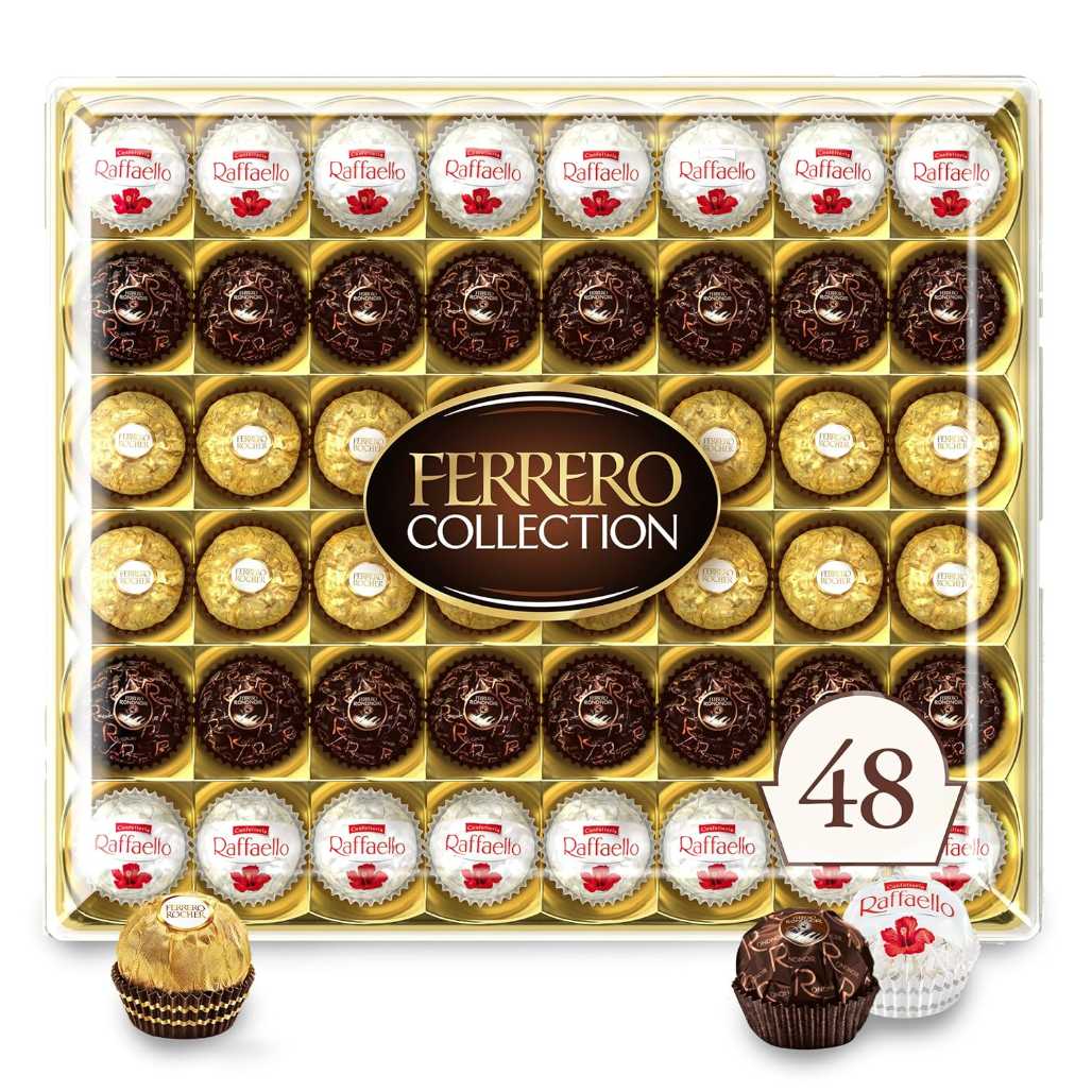 Ferrero Collection box containing 48 chocolates, featuring Ferrero Rocher, Raffaello, and Rondnoir varieties.
