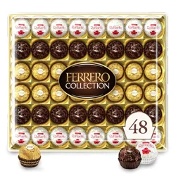 Ferrero Collection box containing 48 chocolates, featuring Ferrero Rocher, Raffaello, and Rondnoir varieties.