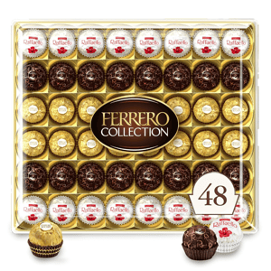 Ferrero Collection box containing 48 chocolates, featuring Ferrero Rocher, Raffaello, and Rondnoir varieties.