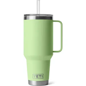 Green YETI travel mug with a handle and attached clear straw, featuring a stainless steel accent at the base.