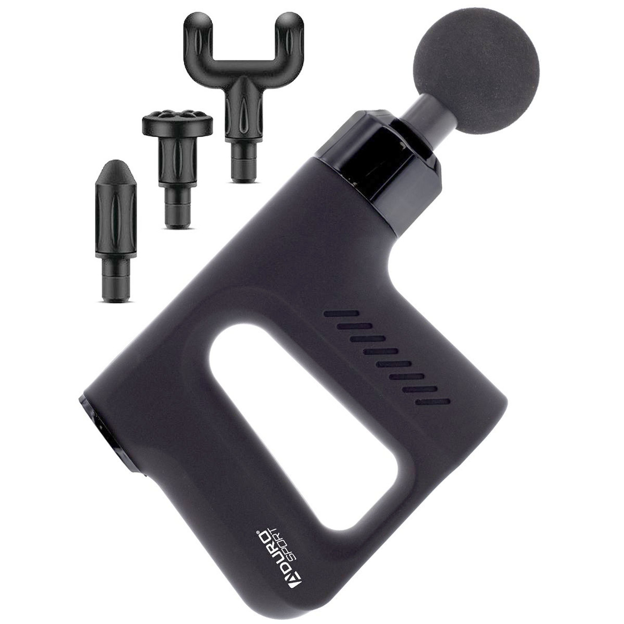 Black massage gun with interchangeable heads, including a round head, fork head, flat head, and bullet head attachment.