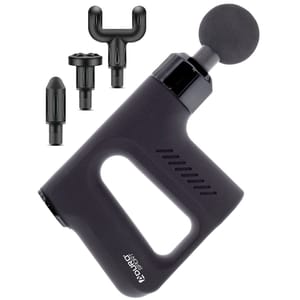 Black massage gun with interchangeable heads, including a round head, fork head, flat head, and bullet head attachment.