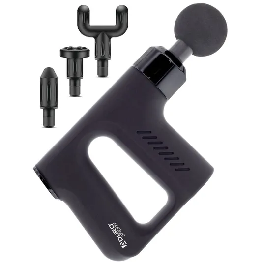 Black massage gun with interchangeable heads, including a round head, fork head, flat head, and bullet head attachment.