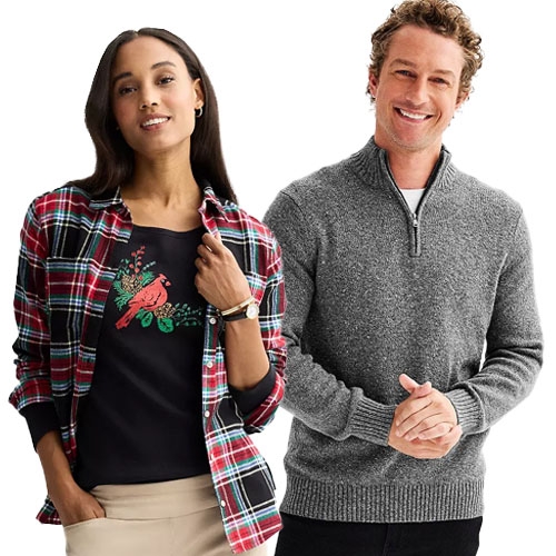 A woman wearing a plaid shirt over a black top with a red cardinal design and a man in a gray zip-up sweater.