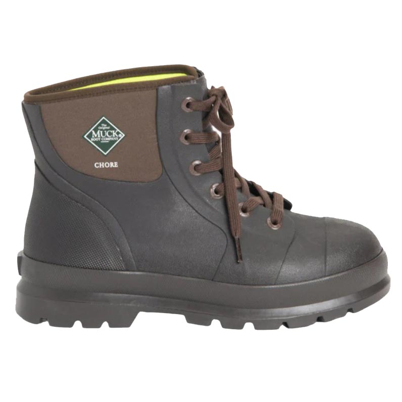 A Muck Boot Company Chore boot, featuring a lace-up design with a brown, durable rubber exterior and ankle height.