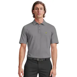 A man in a gray short-sleeve polo shirt with a small yellow bear logo on the chest, paired with black pants and a black belt.