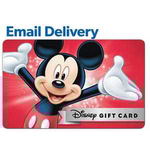 Disney Gift Card featuring a classic cartoon character, with email delivery indicated.