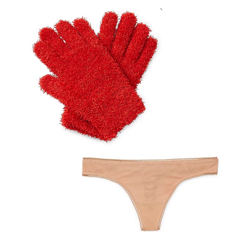 A pair of red exfoliating gloves and a beige thong underwear.
