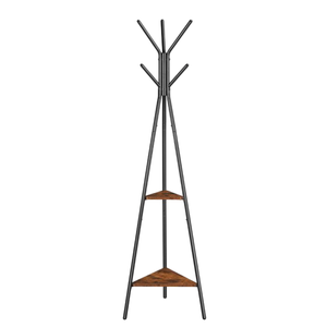 A coat rack with a black metal frame, featuring two triangular wooden shelves for additional storage or display.