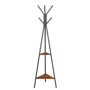 A coat rack with a black metal frame, featuring two triangular wooden shelves for additional storage or display.