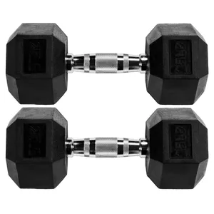 A pair of black rubber-coated hex dumbbells with knurled chrome handles, each weighing 25 pounds.