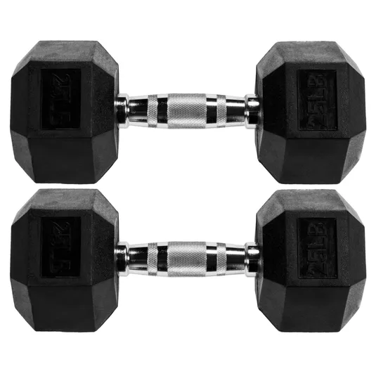 A pair of black rubber-coated hex dumbbells with knurled chrome handles, each weighing 25 pounds.