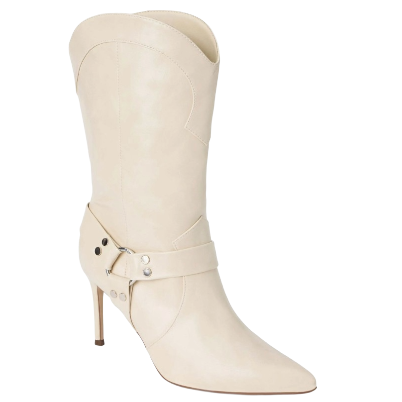 A cream-colored, knee-high cowboy boot with a pointed toe, high stiletto heel, and strap detailing with metal accents.