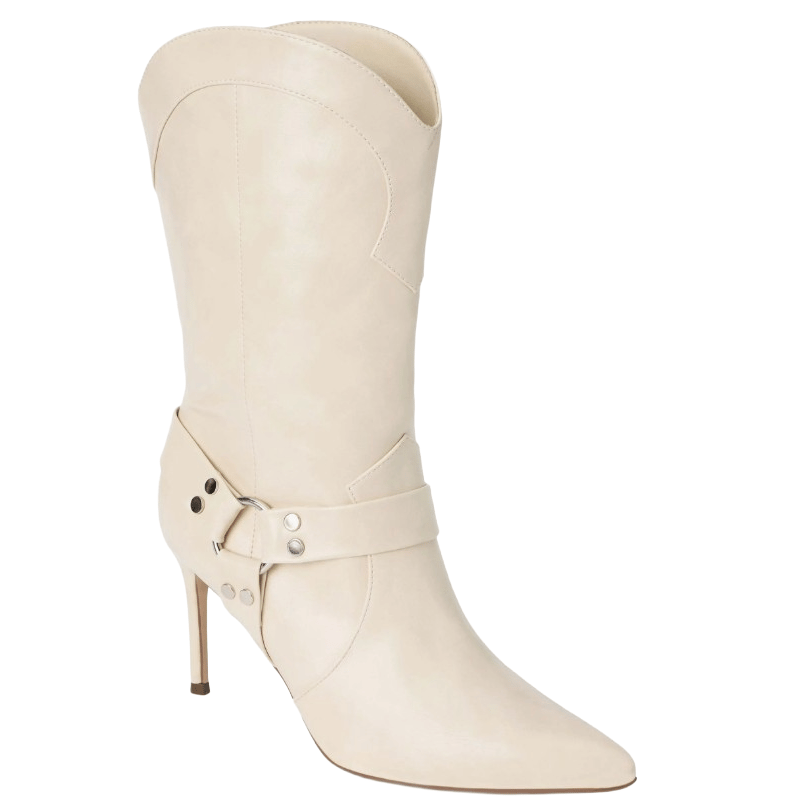 A cream-colored, knee-high cowboy boot with a pointed toe, high stiletto heel, and strap detailing with metal accents.