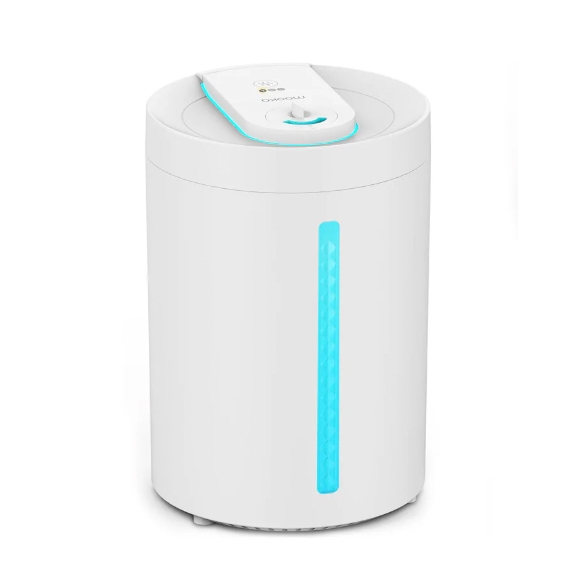 White, cylindrical cool mist humidifier with a top control panel and a vertical, illuminated blue strip on the front.