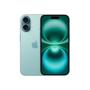 A smartphone with a dual-camera setup on the back and a front display featuring a striking teal-green wallpaper, bearing a recognizable logo on the rear.