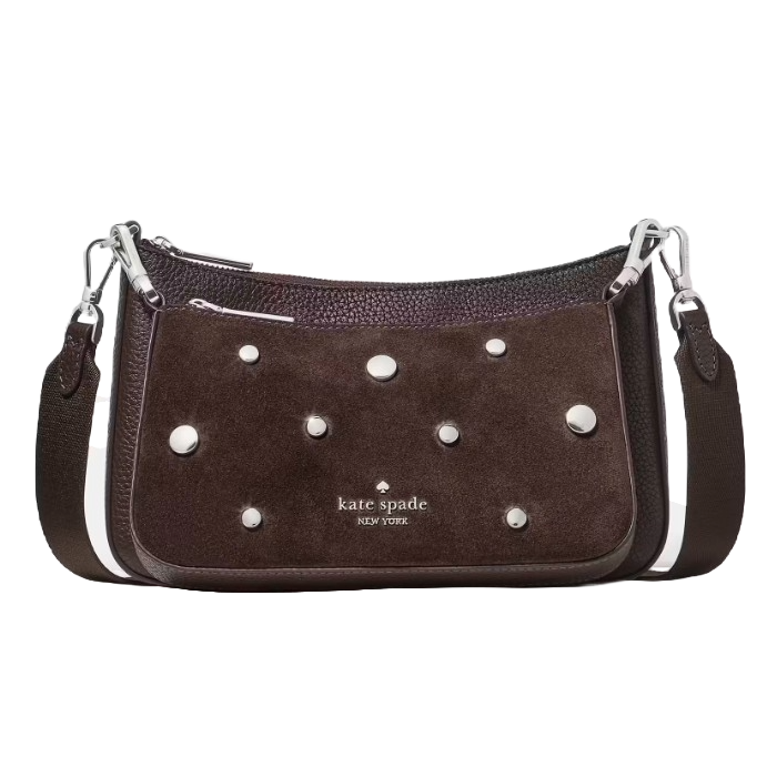 A brown Kate Spade New York shoulder bag featuring a suede texture, silver studs, and a detachable strap with silver hardware.