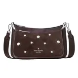 A brown Kate Spade New York shoulder bag featuring a suede texture, silver studs, and a detachable strap with silver hardware.