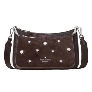A brown Kate Spade New York shoulder bag featuring a suede texture, silver studs, and a detachable strap with silver hardware.