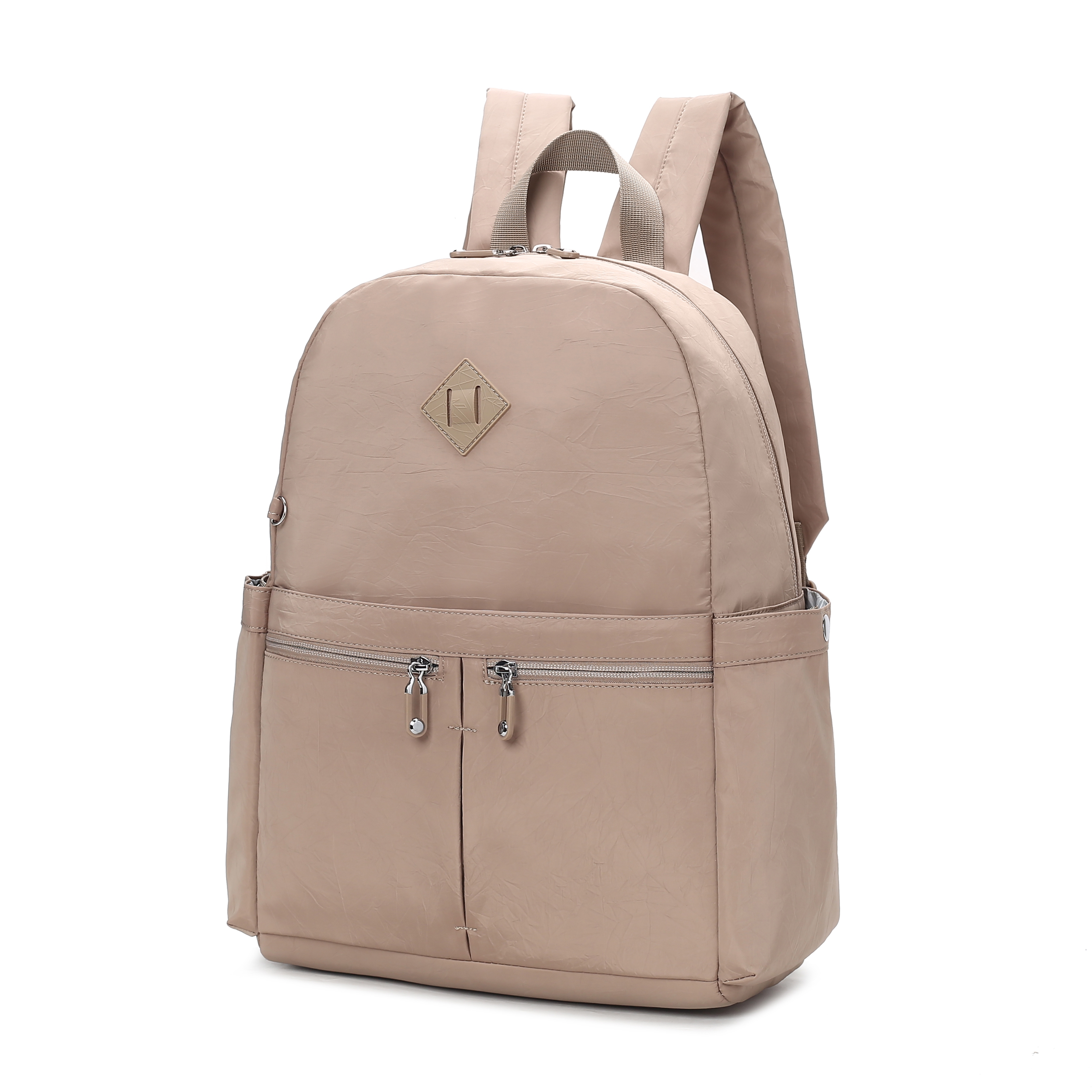 A beige backpack with two front zippered pockets, a top carrying handle, and padded shoulder straps.