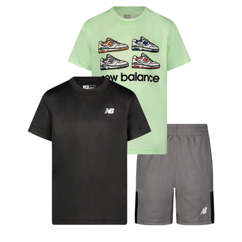 A 3-piece set featuring two New Balance t-shirts—one black with a logo and one green with sneaker graphics—and a pair of gray shorts with an elastic waistband and logo accents.