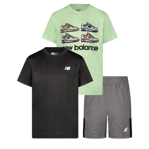 A 3-piece set featuring two New Balance t-shirts—one black with a logo and one green with sneaker graphics—and a pair of gray shorts with an elastic waistband and logo accents.